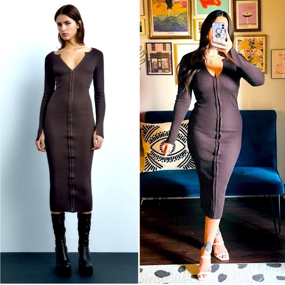 Zara Dresses & Skirts - Zara Brown Ribbed Hook Closure Long Sleeve Bodycon Midi Dress